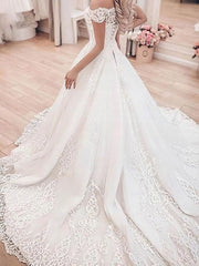 Lace Court Train Wedding Gown - Off-the-Shoulder Ball Dress