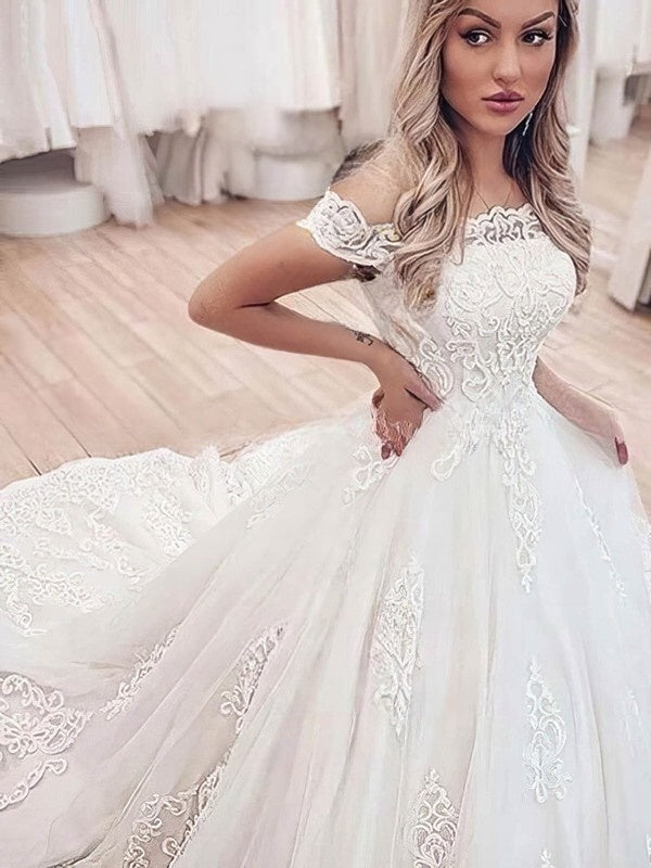 Lace Court Train Wedding Gown - Off-the-Shoulder Ball Dress