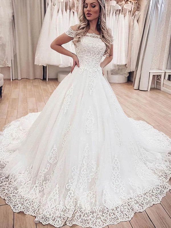 Lace Court Train Wedding Gown - Off-the-Shoulder Ball Dress