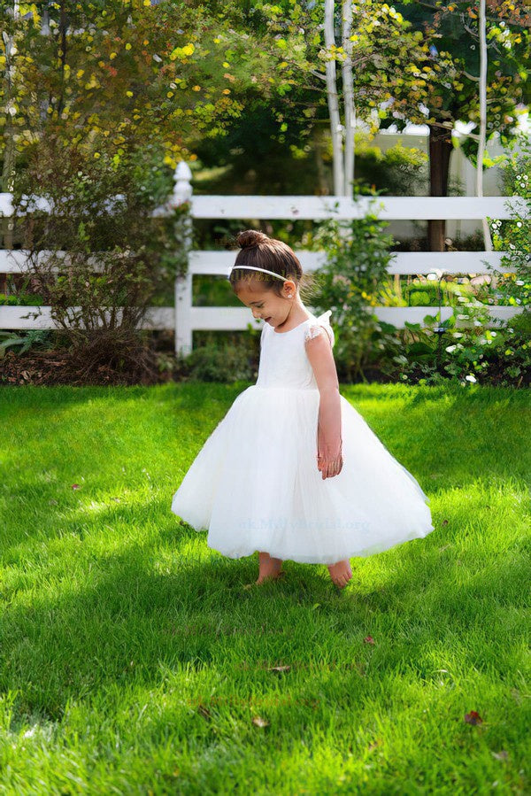 Lace Flower Girl Dresses - Ball Gown Scoop Neck Tulle Tea-length