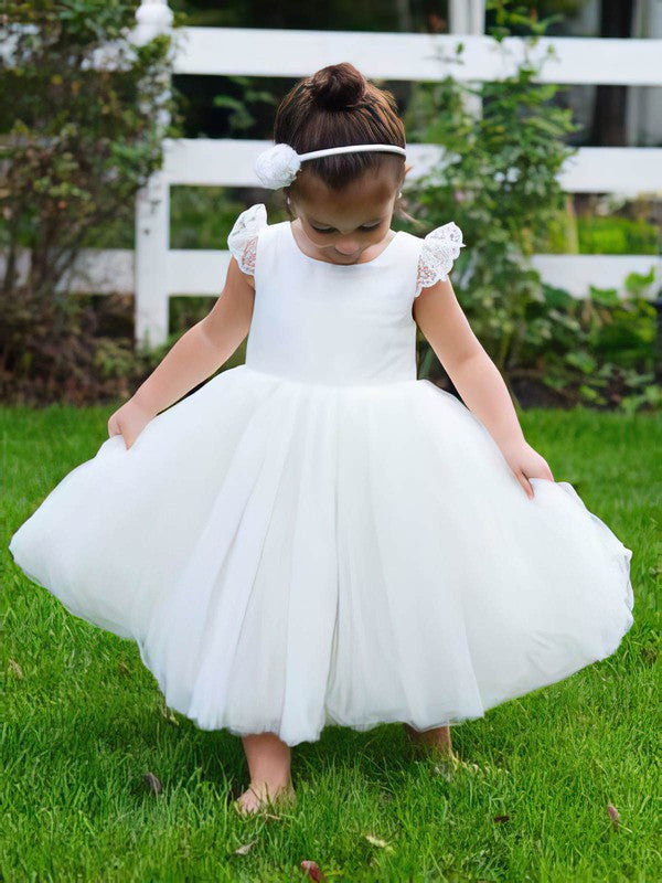 Lace Flower Girl Dresses - Ball Gown Scoop Neck Tulle Tea-length