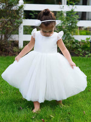 Lace Flower Girl Dresses - Ball Gown Scoop Neck Tulle Tea-length