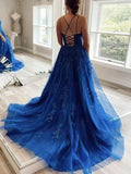 Lace Prom Dresses with Tulle Square Neckline and Sweep Train Appliques