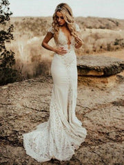 Lace Silk-like Satin Trumpet/Mermaid V-neck Wedding Dress with Sweep Train