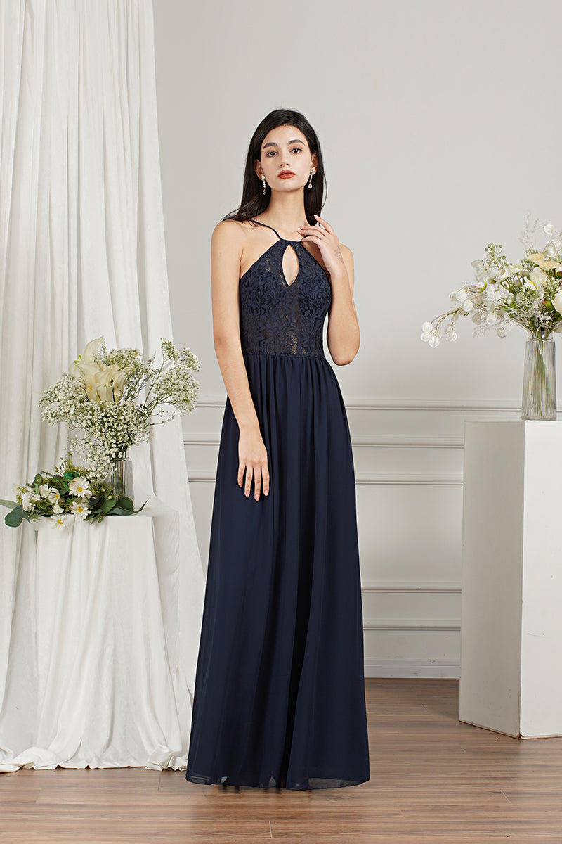 Long A-line Keyhole Neckline Lace Spaghetti Chiffon Bridesmaid Dresses-Babyonlines