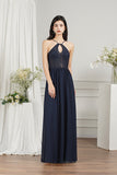 Long A-line Keyhole Neckline Lace Spaghetti Chiffon Bridesmaid Dresses-Babyonlines