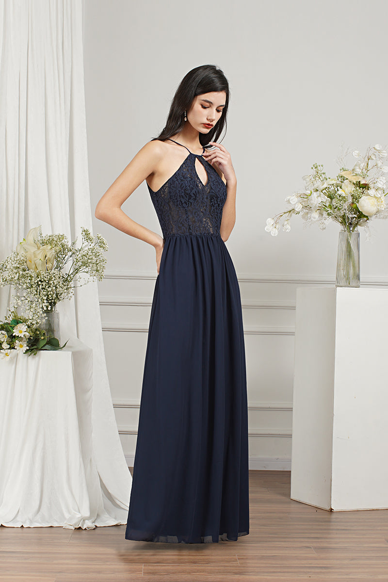 Long A-line Keyhole Neckline Lace Spaghetti Chiffon Bridesmaid Dresses-Babyonlines