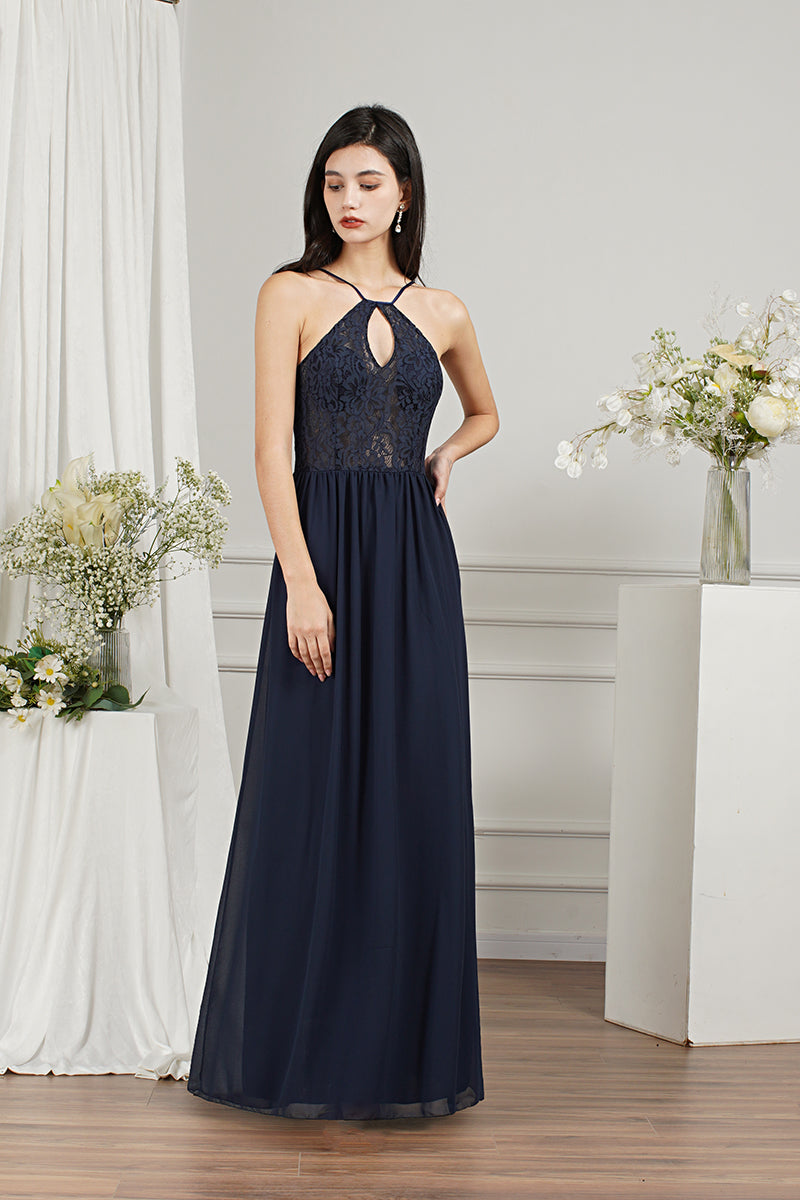 Long A-line Keyhole Neckline Lace Spaghetti Chiffon Bridesmaid Dresses-Babyonlines