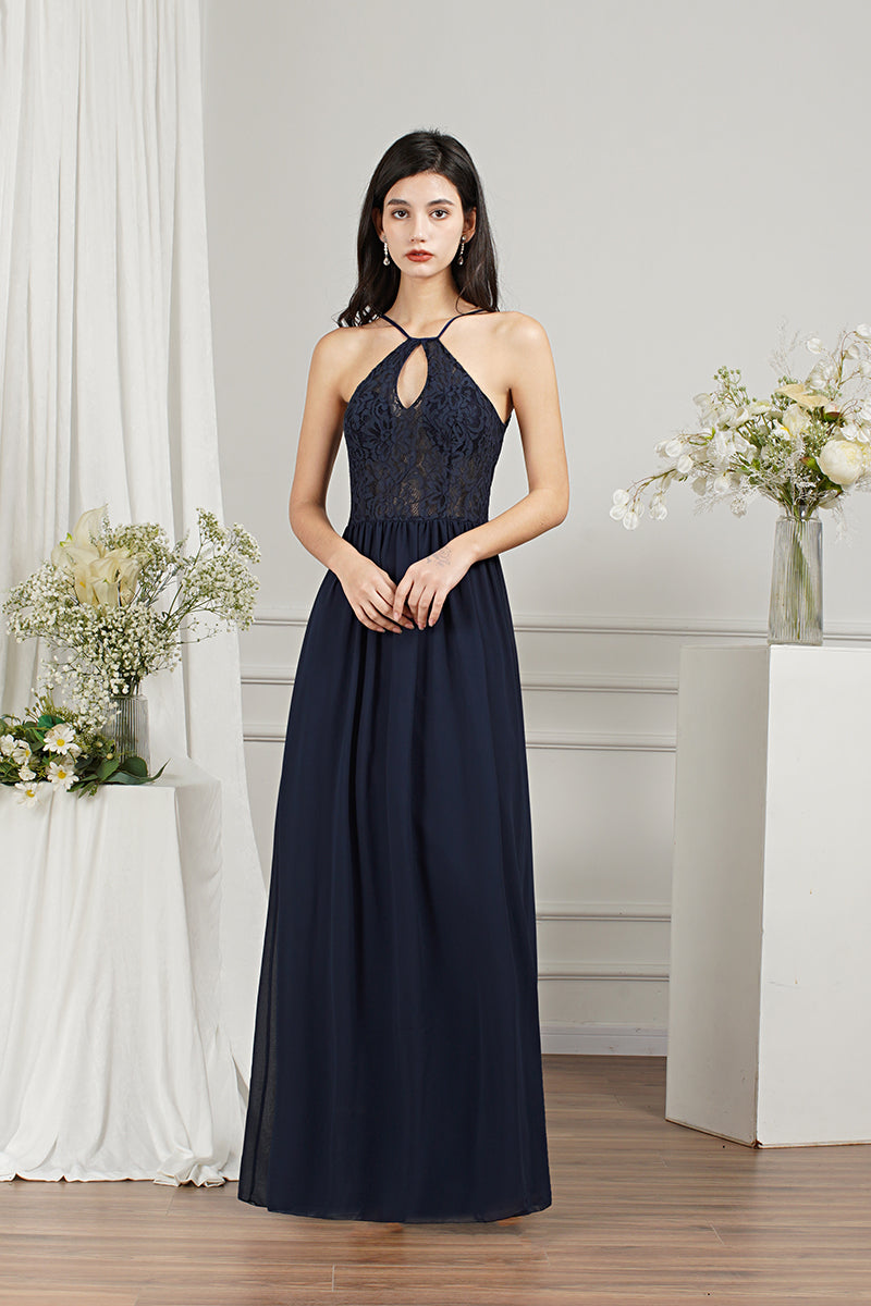 Long A-line Keyhole Neckline Lace Spaghetti Chiffon Bridesmaid Dresses-Babyonlines