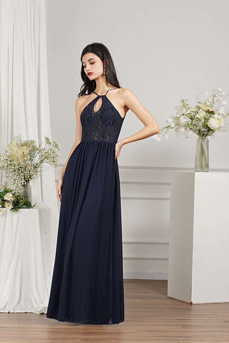 Long A-line Keyhole Neckline Lace Spaghetti Chiffon Bridesmaid Dresses-Babyonlines