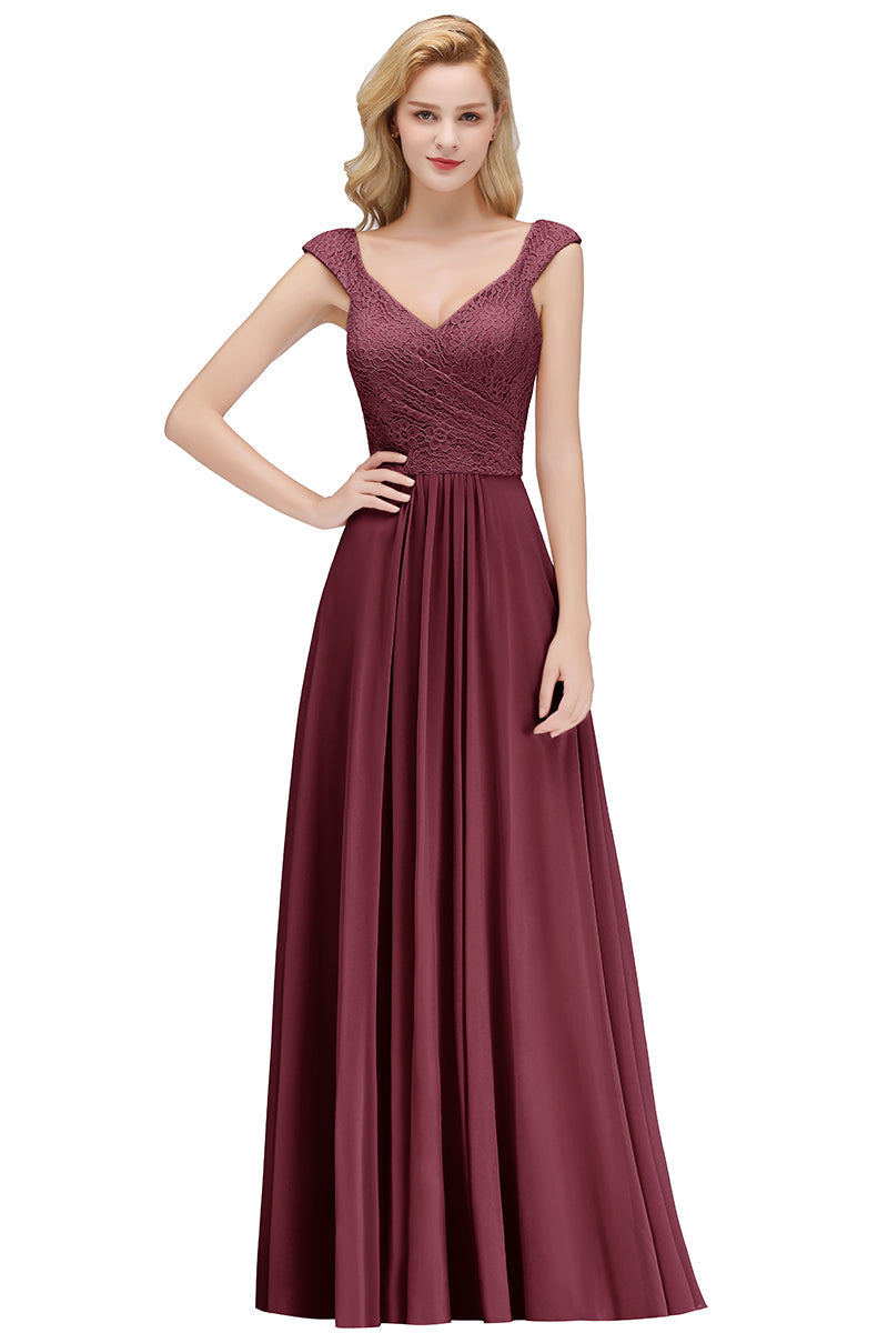 Long A-line V-neck Sweetheart Sleeveless Lace Chiffon Bridesmaid Dresses-Babyonlines