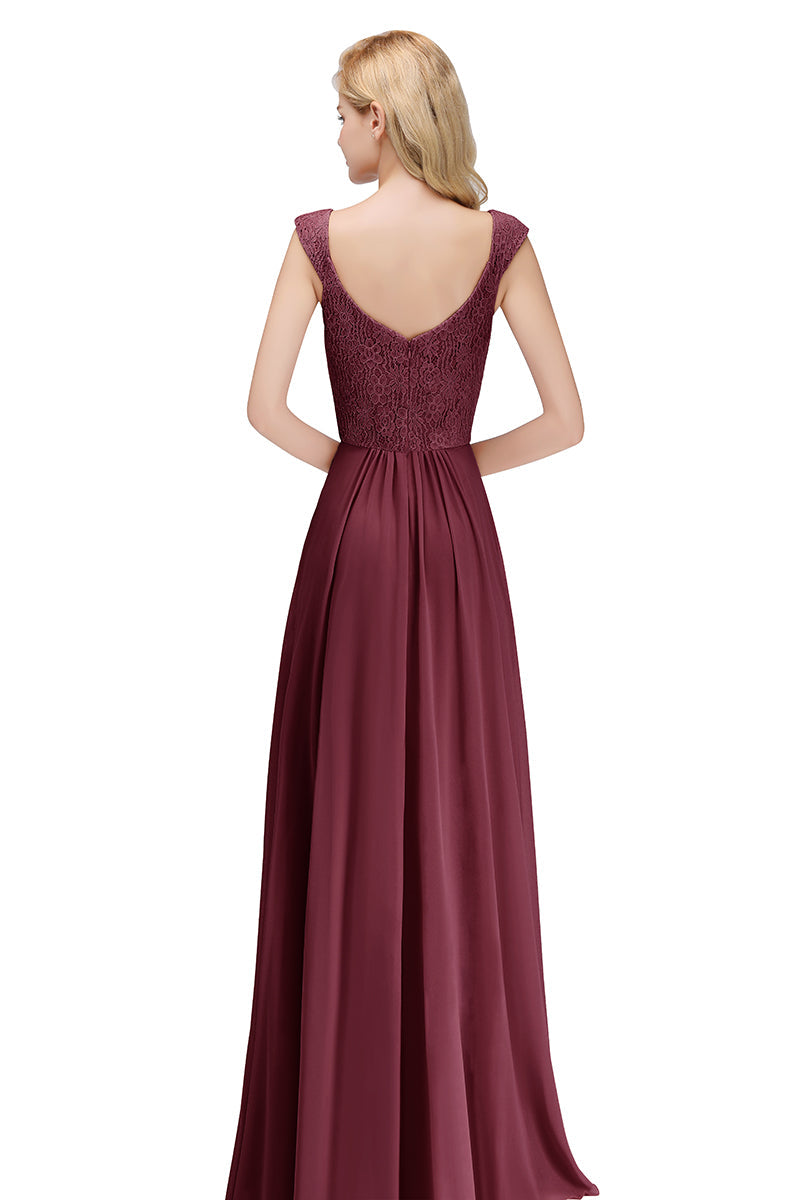 Long A-line V-neck Sweetheart Sleeveless Lace Chiffon Bridesmaid Dresses-Babyonlines