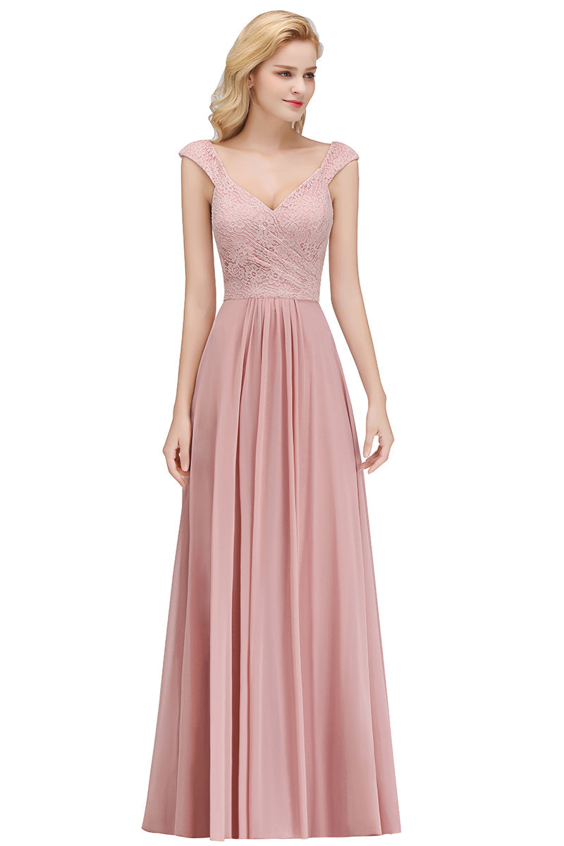 Long A-line V-neck Sweetheart Sleeveless Lace Chiffon Bridesmaid Dresses-Babyonlines