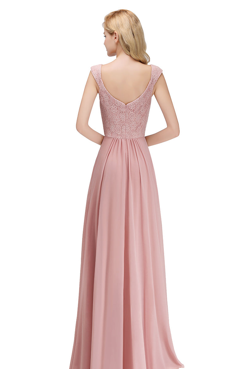 Long A-line V-neck Sweetheart Sleeveless Lace Chiffon Bridesmaid Dresses-Babyonlines