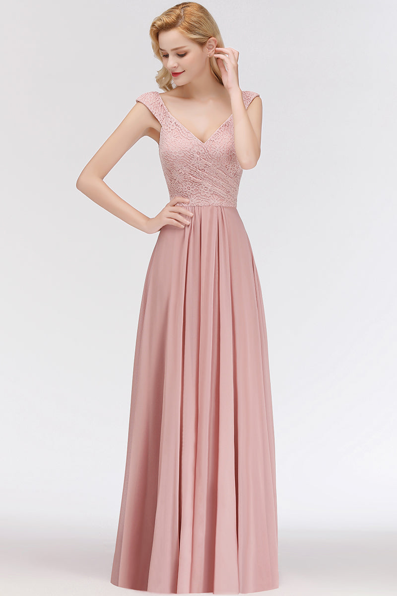 Long A-line V-neck Sweetheart Sleeveless Lace Chiffon Bridesmaid Dresses-Babyonlines