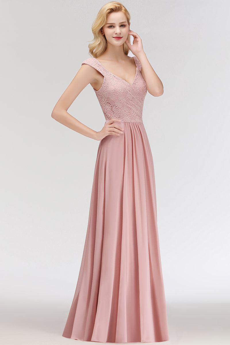 Long A-line V-neck Sweetheart Sleeveless Lace Chiffon Bridesmaid Dresses-Babyonlines