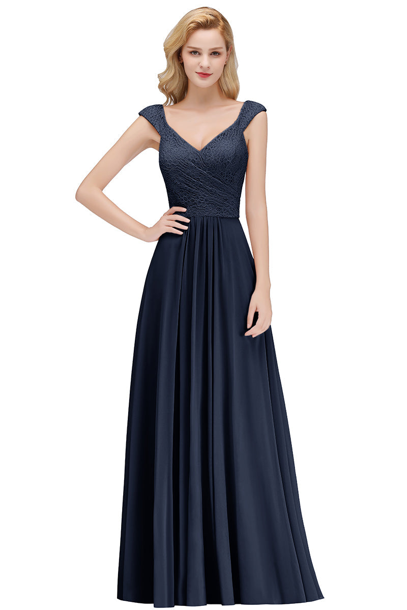 Long A-line V-neck Sweetheart Sleeveless Lace Chiffon Bridesmaid Dresses-Babyonlines