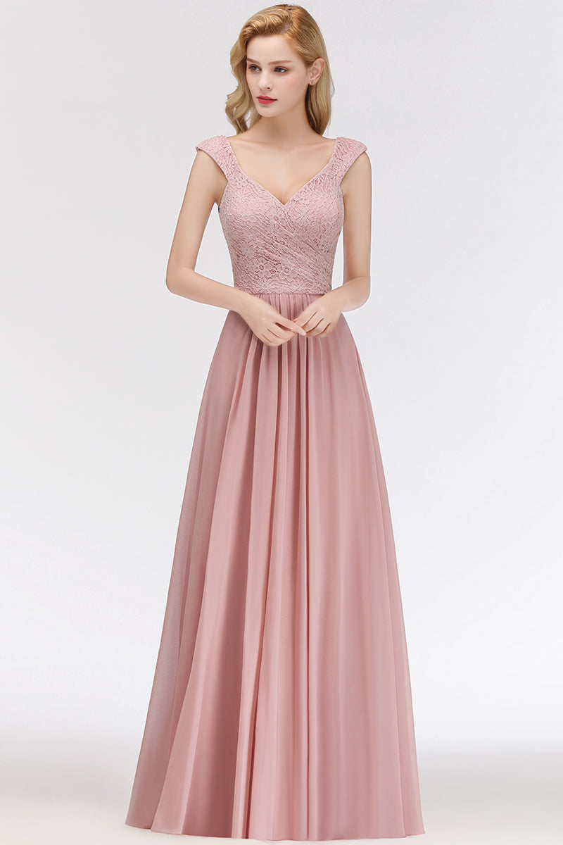 Long A-line V-neck Sweetheart Sleeveless Lace Chiffon Bridesmaid Dresses-Babyonlines