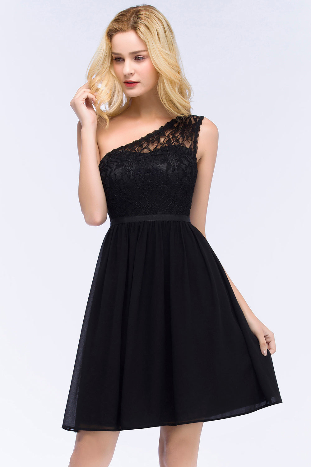 Lovely Lace Black One-shoulder Short Junior Bridesmaid Dresses Online-Babyonlines