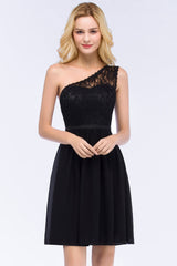 Lovely Lace Black One-shoulder Short Junior Bridesmaid Dresses Online-Babyonlines