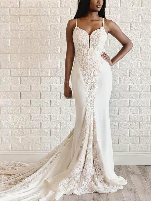 Make a Statement in a Trumpet/Mermaid Sweetheart Stretch Crepe Lace Court Train Wedding Dress with Appliques Lace