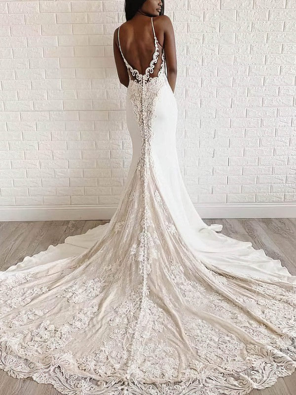 Make a Statement in a Trumpet/Mermaid Sweetheart Stretch Crepe Lace Court Train Wedding Dress with Appliques Lace