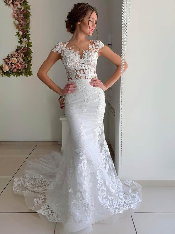 Mermaid Illusion Tulle Wedding Dress With Appliques Lace and Sweep Train