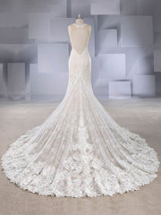 Mermaid Illusion Tulle Wedding Dress With Appliques Lace for Special Occasions