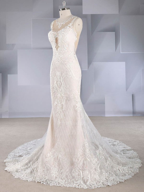 Mermaid Illusion Tulle Wedding Dress With Appliques Lace for Special Occasions