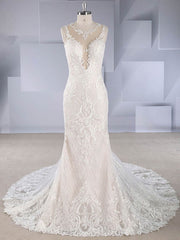 Mermaid Illusion Tulle Wedding Dress With Appliques Lace for Special Occasions