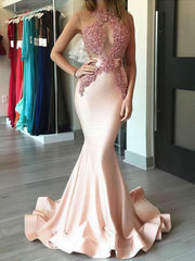 Mermaid Scoop Neck Jersey Sweep Train Appliques Lace Prom Dresses by Trumpet