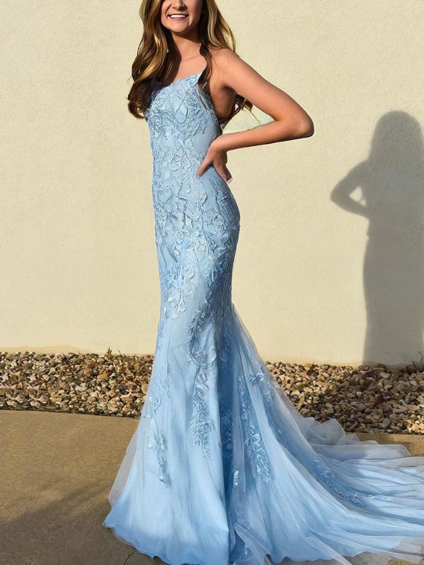 Mermaid Sweep Train Scoop Neck Tulle Lace Appliques Lace Prom Dresses