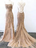 Mermaid Sweep Train Scoop Neck Tulle Lace Appliques Lace Prom Dresses