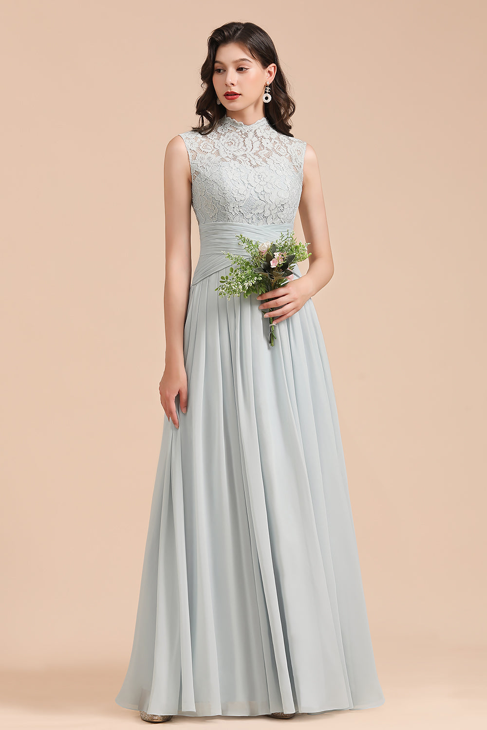 Mist High-Neck Lace Bridesmaid Dress Long Online-Babyonlines