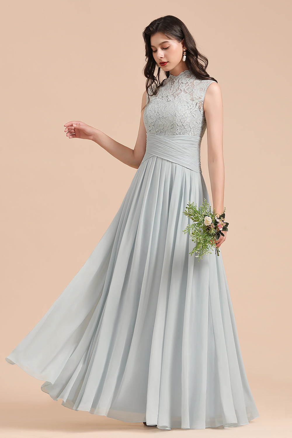 Mist High-Neck Lace Bridesmaid Dress Long Online-Babyonlines