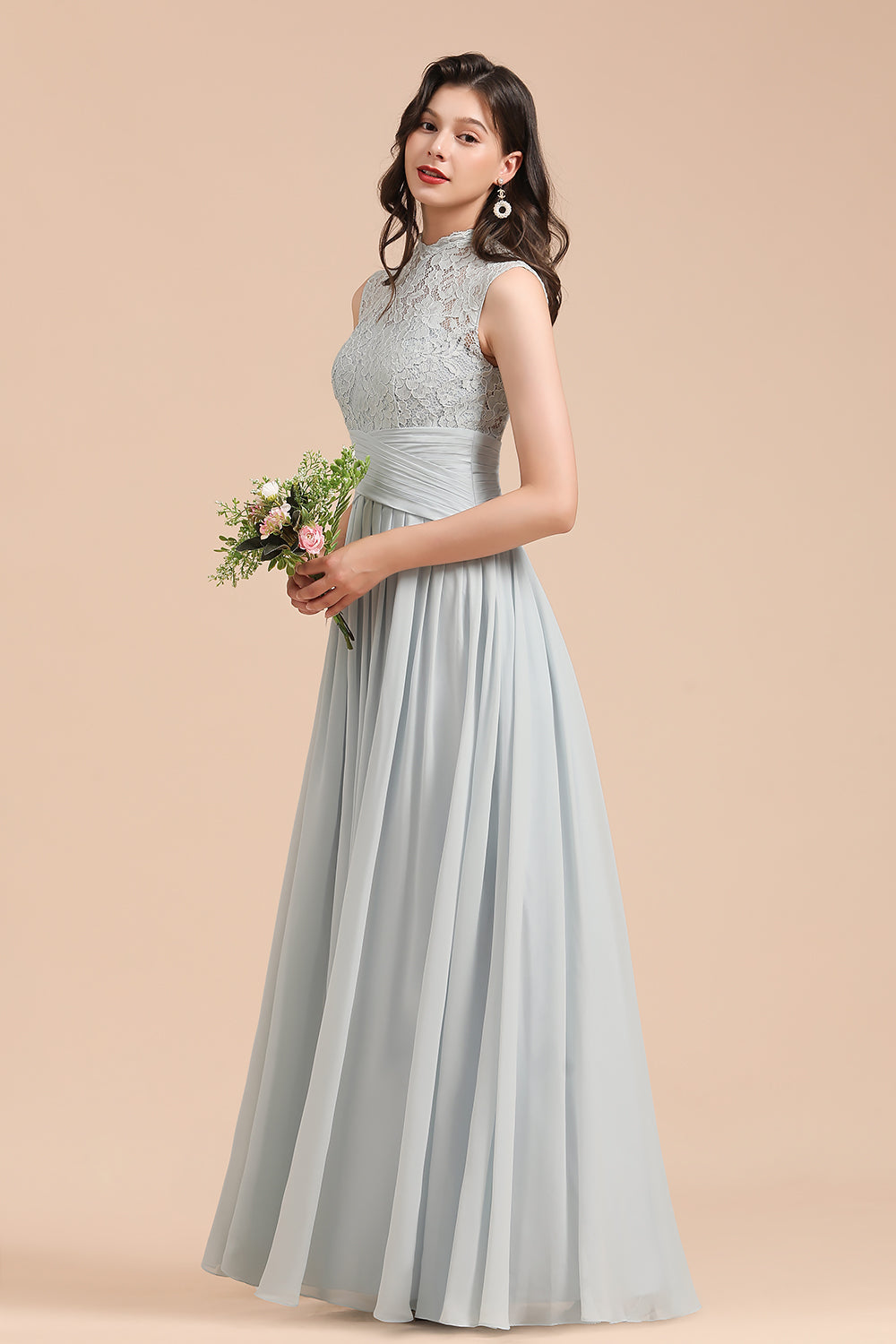 Mist High-Neck Lace Bridesmaid Dress Long Online-Babyonlines