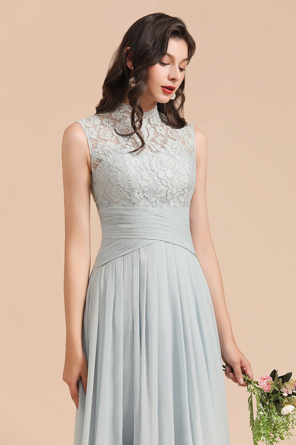 Mist High-Neck Lace Bridesmaid Dress Long Online-Babyonlines