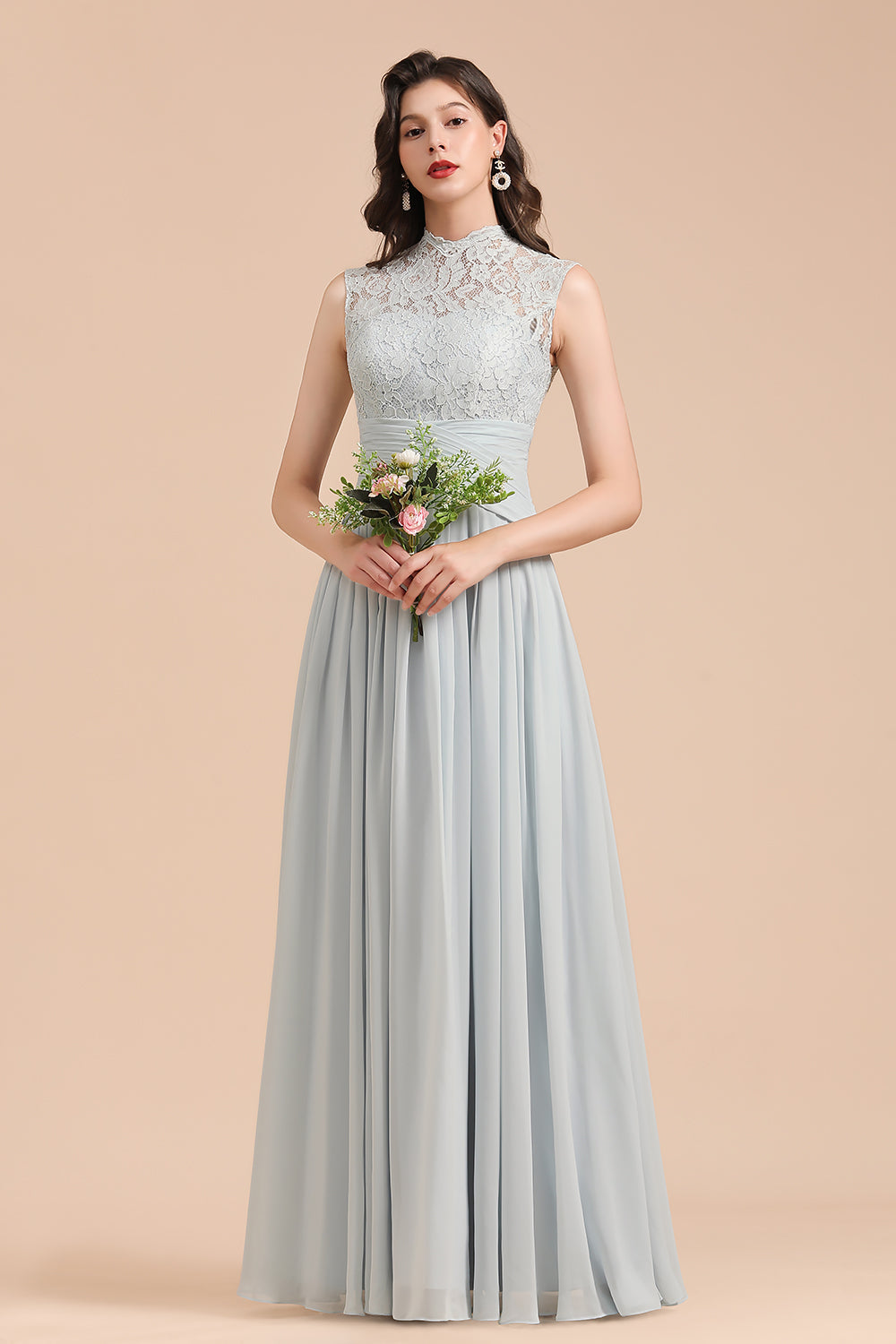 Mist High-Neck Lace Bridesmaid Dress Long Online-Babyonlines