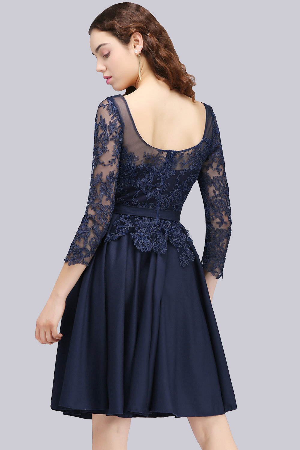 Modest 3/4 Sleeves Short Navy Lace Bridesmaid Dresses with Appliques-Babyonlines