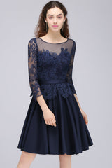 Modest 3/4 Sleeves Short Navy Lace Bridesmaid Dresses with Appliques-Babyonlines