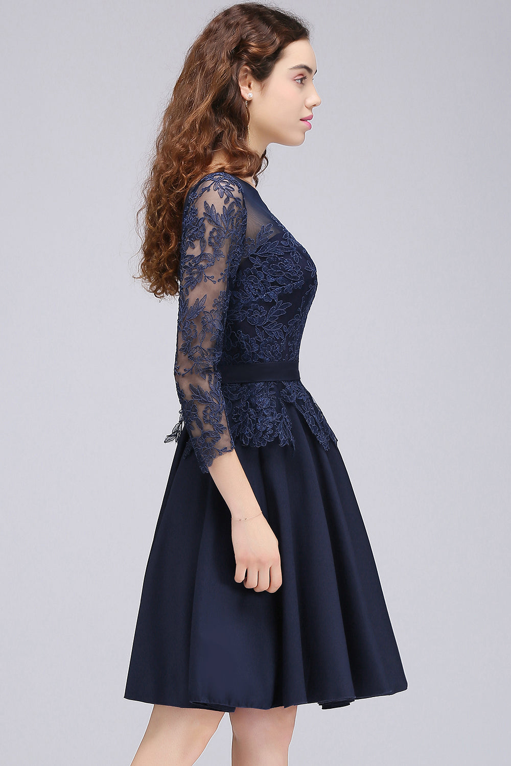 Modest 3/4 Sleeves Short Navy Lace Bridesmaid Dresses with Appliques-Babyonlines