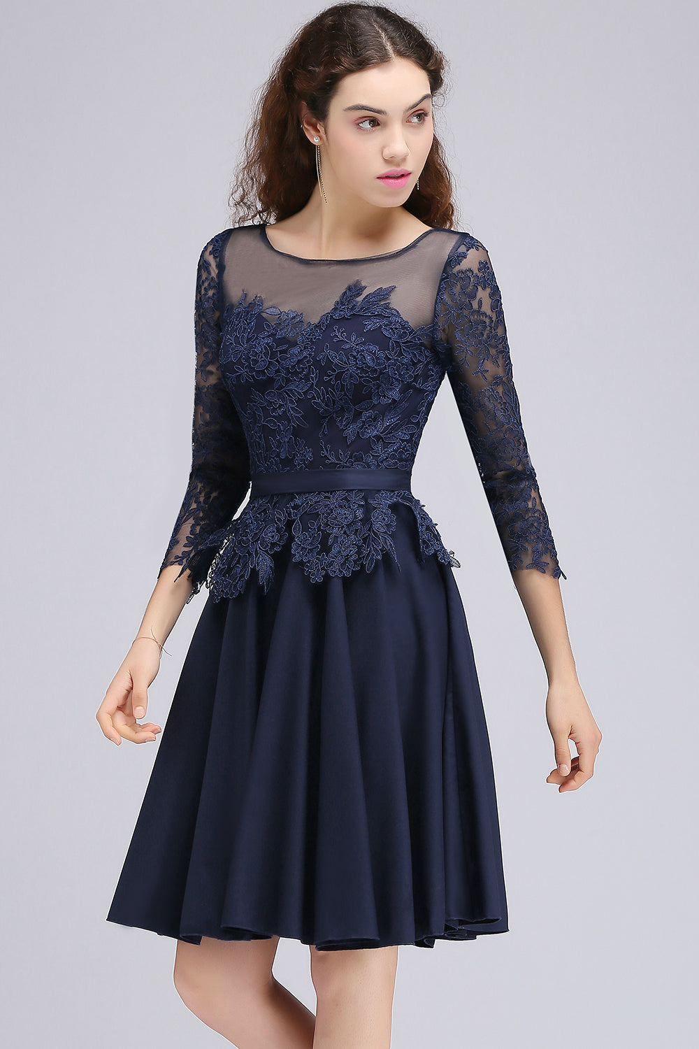 Modest 3/4 Sleeves Short Navy Lace Bridesmaid Dresses with Appliques-Babyonlines