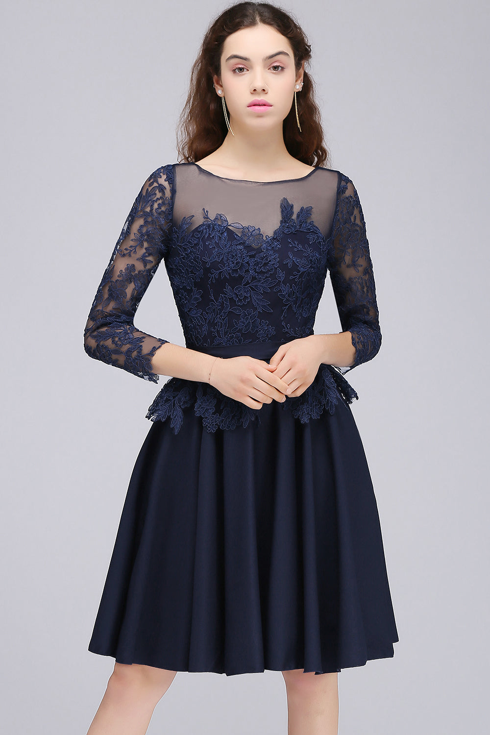 Modest 3/4 Sleeves Short Navy Lace Bridesmaid Dresses with Appliques-Babyonlines