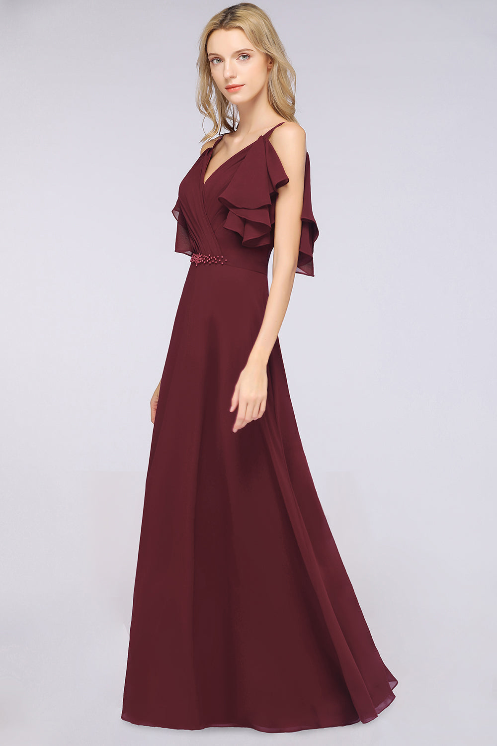 Modest Cold-shoulder Crinkle Chiffon Long Bridesmaid Dress with Pearls-Babyonlines