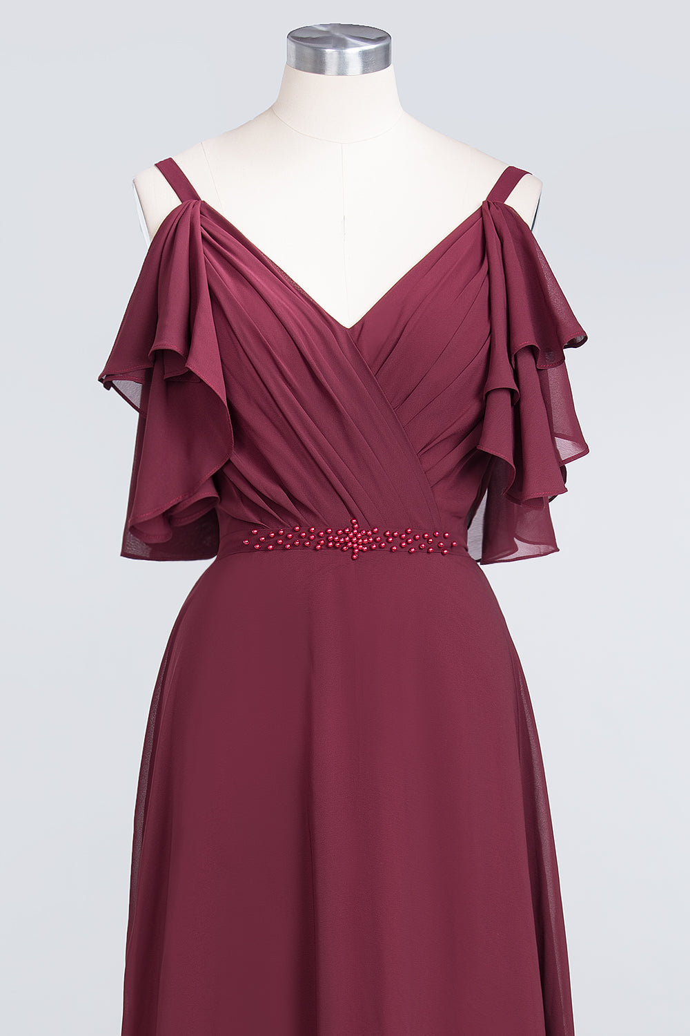 Modest Cold-shoulder Crinkle Chiffon Long Bridesmaid Dress with Pearls-Babyonlines