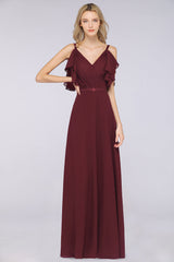 Modest Cold-shoulder Crinkle Chiffon Long Bridesmaid Dress with Pearls-Babyonlines