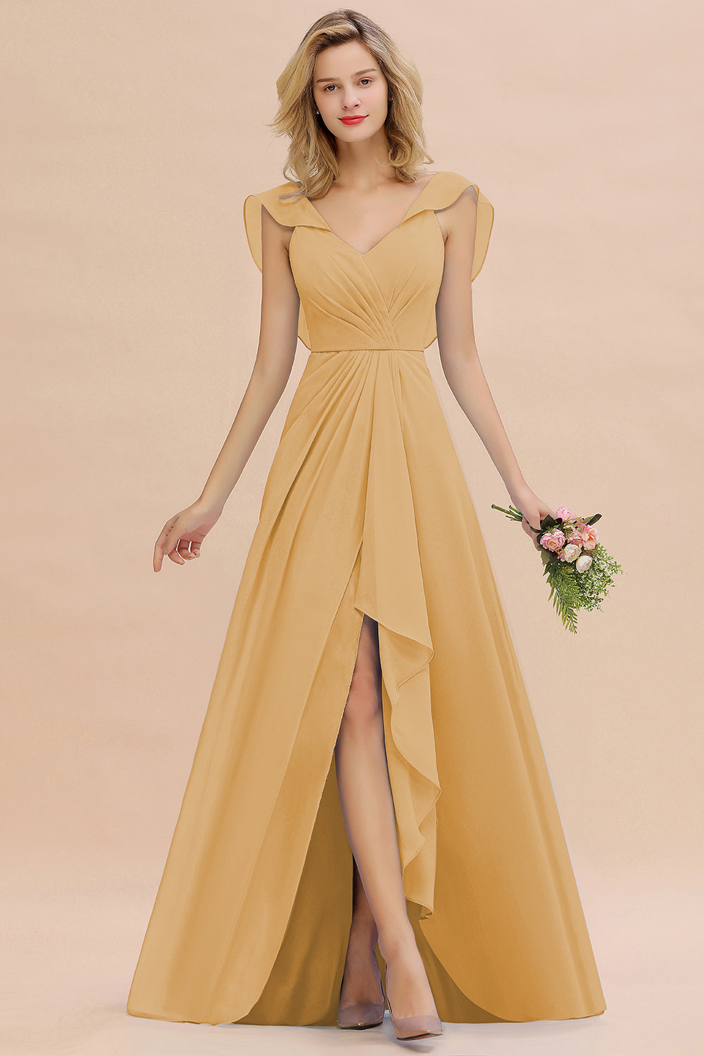 Modest Hi-Lo V-Neck Ruffle Long Bridesmaid Dress with Slit-Babyonlines