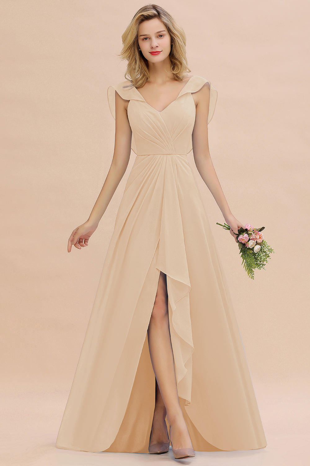 Modest Hi-Lo V-Neck Ruffle Long Bridesmaid Dress with Slit-Babyonlines