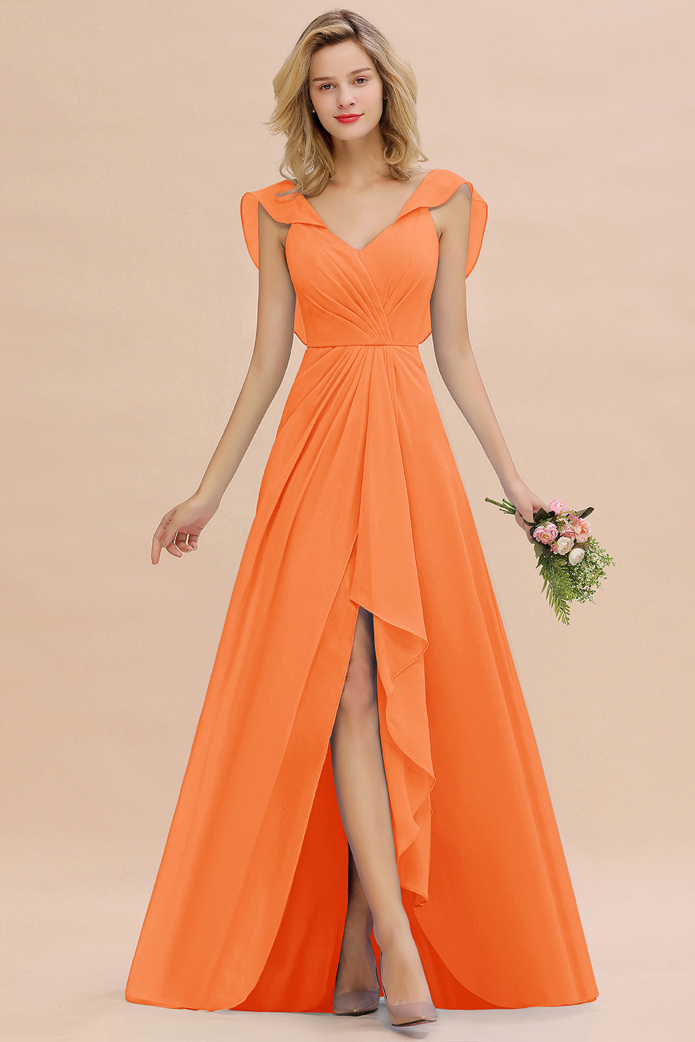 Modest Hi-Lo V-Neck Ruffle Long Bridesmaid Dress with Slit-Babyonlines