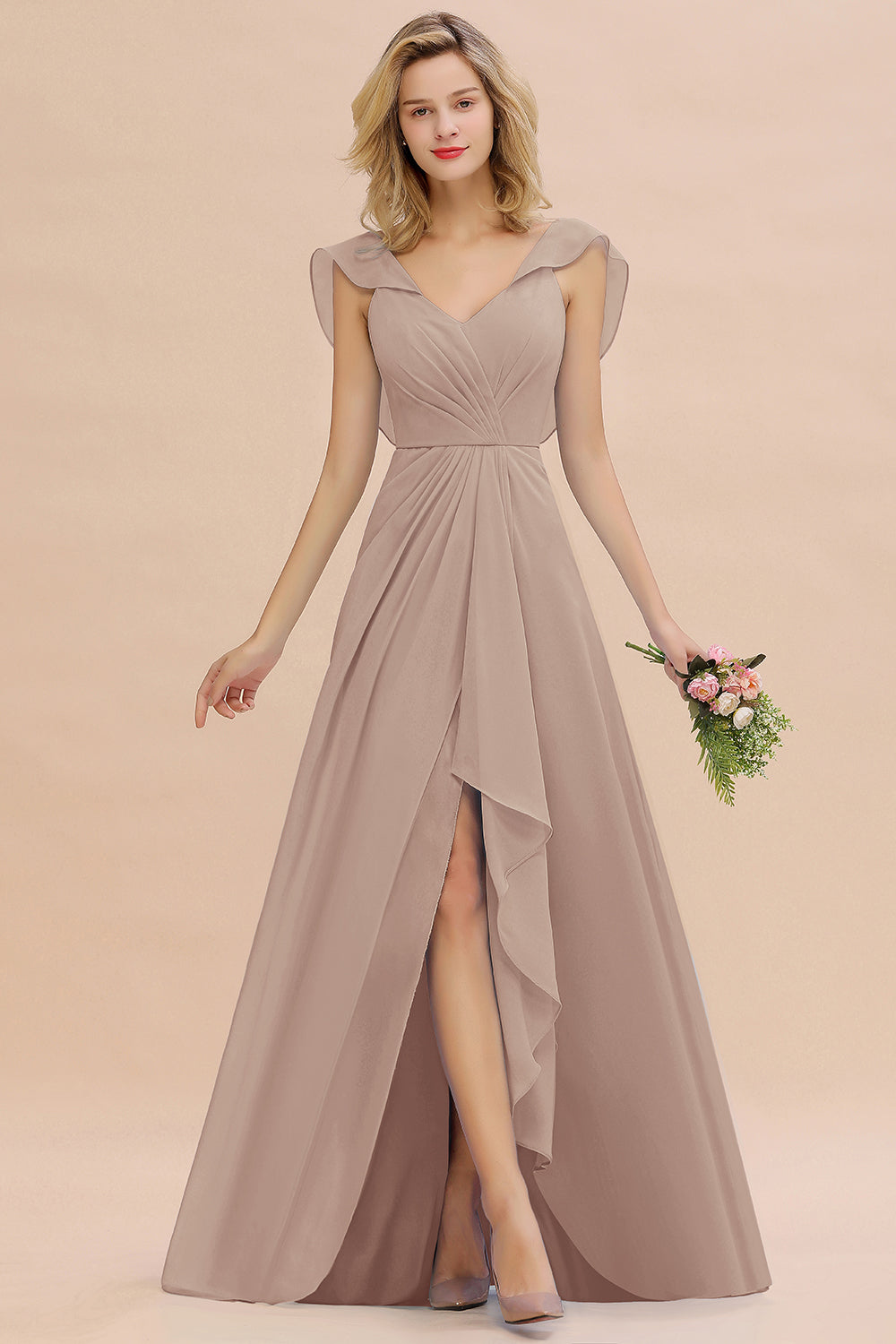 Modest Hi-Lo V-Neck Ruffle Long Bridesmaid Dress with Slit-Babyonlines